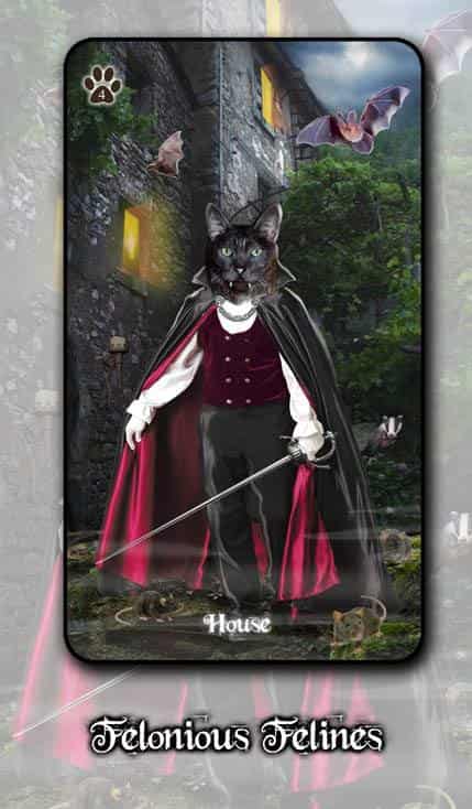 First image for the Felonious Felines Lenormand. The House card, which features a Dracula inspired black cat. These are very early designs, so they can definitely change over time.